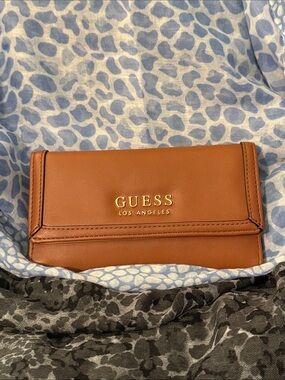 GUESS Tan Leather Continental Wallet with Gold Logo